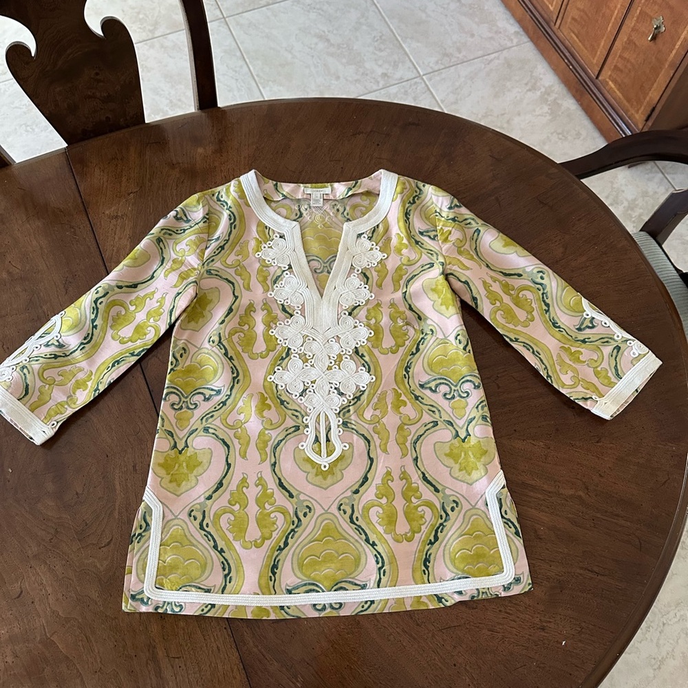 J. Crew Silk Top with Pink and Green Pattern